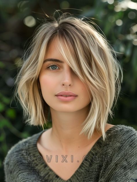 Fine Hair Blonde Highlights, Asymmetrical Bob With Bangs, Messy Bobs, Shaggy Bangs, Short Blonde Bob, Mom Haircut, Women With Round Faces, Fall Haircuts, Low Taper Fade Haircut