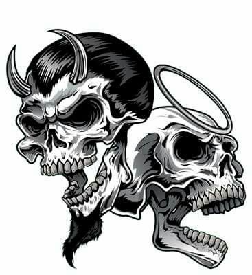 Skull with horns and another  skull with a halo Skull Quote, Skull Stencil, Skull Art Drawing, Devil Horns, Skulls Drawing, Ange Demon, Skull Tattoo Design, Skull Artwork, Dark Art Drawings