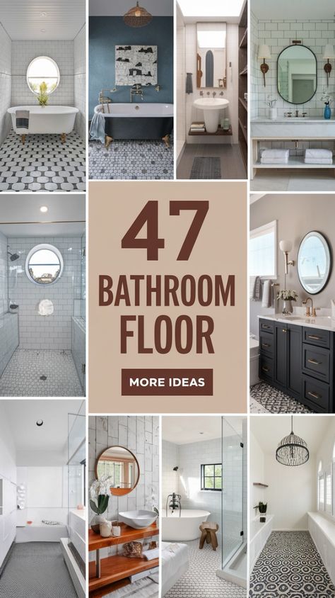 Transform your bathroom with these 47 creative flooring ideas! From timeless tiles to bold patterns, find the perfect floor design that fits your style. Get inspired to renovate with unique textures and beautiful finishes that add character and elegance to any bathroom. #BathroomGoals #FlooringInspiration #HomeImprovement #InteriorDesignIdeas Black And White Tiled Bathroom Floors, Porcelain Mosaic Floor Tile, Bathroom Tiles Floor Ideas, Bathroom Remodel Marble Floor, Powder Room Tile Floor Ideas, Bathroom Floor And Shower Tile Combos, Cottage Bathroom Flooring Ideas, Powder Bath Tile Floor, Vintage Bathroom Flooring