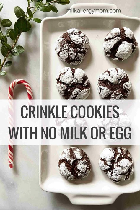 Chocolate Crinkle Cookies No Milk, No Egg | Milk Allergy Mom Eggless Chocolate Crinkle Cookies, Cookies No Eggs Easy, Milk Free Cookies, No Milk Cookies, Egg Free Christmas Cookies, Milk Allergy Recipes, Dairy Free Christmas Recipes, No Egg Recipes, Allergy Free Snacks