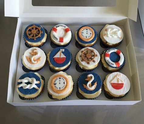 Nautical cupcakes Boat Cupcakes, Boat Cookies, Nautical Theme Cupcakes, Nautical Cupcakes, Nautical Birthday Cakes, Marine Cake, Nautical Cupcake, Nautical Baby Shower Boy, Sailor Birthday