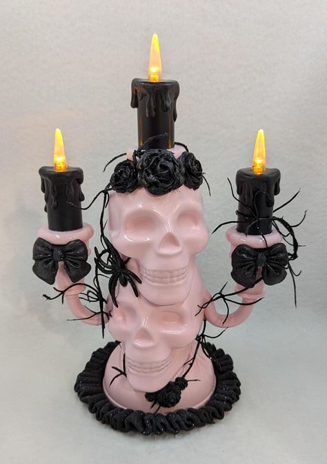 Pink Skull Candelabra with Black Vines, Roses, Ruffle, Spider,and Bows/ Halloween Decor/Centerpiece/Tiered Tray Decor/Photo Prop Pastel Goth Decor Diy, Pink Goth Decor, Goth Decor Diy, Candelabra Halloween, Pastel Goth Home Decor, Emo Decor, Goth Candles, Pastel Goth Decor, Pink Emo