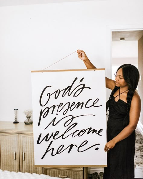 Shop Jenessa Wait | Christian home decor on Instagram: “God’s presence is welcome here🙏🏼🙌🏼 May this declaration go with you wherever you step foot! 📷: @anniquemarie” Jenessa Wait, Framed Signs, Welcome Home Signs, Bible Verse Wall Decor, God's Presence, Catholic Decor, Zen Bedroom, St Marys, Christian Home Decor