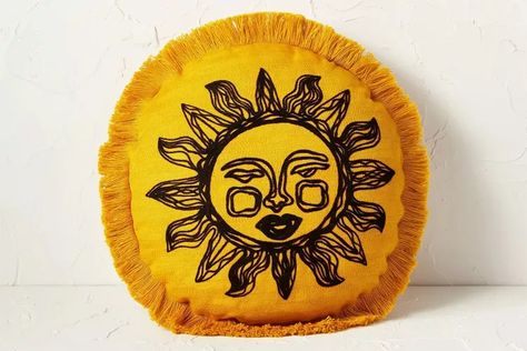 Jungalow Decor, Decorative Wall Sculpture, Embroidered Sun, Gold Backdrop, Fringe Pillows, Round Throw Pillows, Gold Pillows, Gold Background, Round Pillow