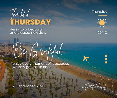 #ThankfulThursday #Wanderlust #Thursday #ThursdayVibes #ThursdayMotivation #BarcelonaBeach #Travel #BookNow #TravelWithUs Travel Thursday, Travel Blog Post Ideas, Barcelona Beach, Travel Marketing, Thankful Thursday, Business Inspiration Quotes, Thursday Motivation, Cute Good Morning, Blog Post Ideas