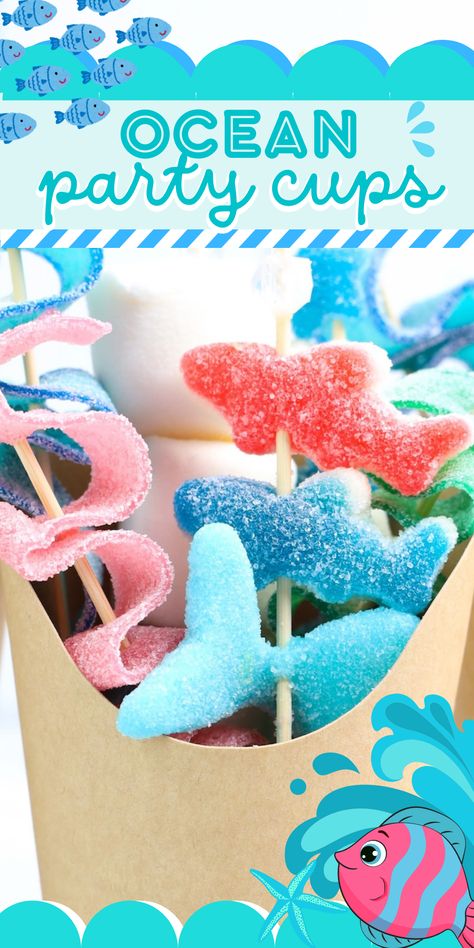 Beach party? These ocean themed party cups filled with candies and other goodies are the perfect treat. They are fun and easy to put together, grab and go. Classic Charcuterie Board, Beach Theme Food, Ocean Themed Party, Candy Charcuterie, Ocean Food, Charcuterie Cups, 21st Ideas, Candy Cups, Beach Candy