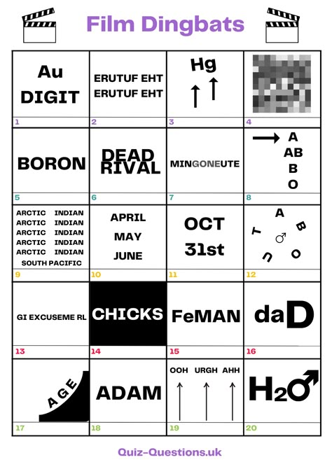 Film Dingbats Dingbats With Answers, Mind Games Puzzles With Answers, Rebus Puzzles With Answers Free Printable, Christmas Dingbats, Rebus Puzzles With Answers, Word Puzzles Brain Teasers, Word Brain Teasers, Brain Quiz, Quiz Ideas