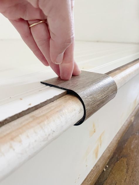 Easy DIY Stair Remodel (Step-by-Step Tutorial) | Our Aesthetic Abode Diy Stair Nosing, Diy Stair Treads Cheap, Baseboard Stairs, Remodeling Staircase, Padded Headboard Diy, Stairs Remodeling, Stairway Remodel, Stairs Decor Ideas, Carpet Removal