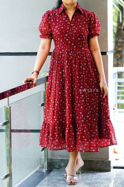 Long Frocks With Collar Neck, Nee Length Frock, Collar Neck Gown Designs, Womens Frocks Dresses, Collar Neck Long Frock Designs, Frock Models Short, New Western Dress Designs, Collar Frock Designs, Frocks With Collar Neck