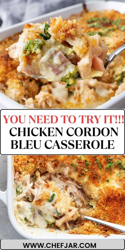 Indulge in the comfort of Chicken Cordon Bleu Casserole, a delicious twist on the classic dish. Layered with tender chicken, ham, creamy sauce, and topped with melted cheese and crispy breadcrumbs, it's a family favorite. Chicken Cordon Bleu Casserole Recipe, Cordon Bleu Casserole, Chicken Cordon Bleu Casserole, Chicken Ham, Chicken Cordon, Favorite Recipes Dinner, Ham Cheese, Chicken Cordon Bleu, Easy Casserole Recipes