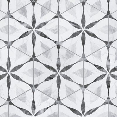 EliteTile Emulating the timeless beauty of Bardiglio marble, the field tile in White/Black captures stunning artistry dating back to Ancient Rome. The main feature of this tile is the monochrome, smooth curves that create a centered, dark flower and subtle fluid lanterns. With a traditional hexagon format and smooth, ever so slightly undulated surface, this tile is perfect for creating a sophisticated feel for any setting. There is variation in the veining patterns found throughout each tile. Oven Hood, Patterned Wall, Rome Antique, Suite Bathroom, Ceramic Subway Tile, Ceramic Mosaic Tile, Merola Tile, Porcelain Mosaic Tile, Marble Mosaic Tiles