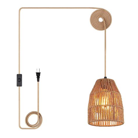 Bay Isle Home Platres 1- Light Plug-in Hand-Woven Geometric Pendant Light with On/Off Switch | Wayfair Hanging Plug In Pendant Lights, Hanging Pendant Lights Bedroom, Hanging Bedside Lamps, Bedside Hanging Lights, Plant Rooms, Boho Pendant Light, Plug In Hanging Light, Rope Light Fixture, Plug In Chandelier