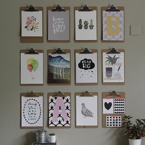 Hang a grid of simple clipboards and you’re ready to create an ever-changing gallery of prints, postcards and kids’ art Clipboard Frames, Clipboard Wall, Clipboard Art, Desk Area, Classroom Design, Photoshop Photography, Picture This, Clipboard, Office Wall Decor