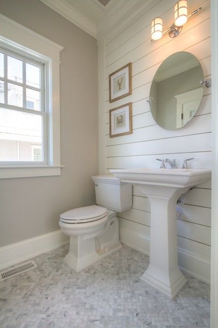 Stone Harbor Cottage 113 - Beach Style - Powder Room - Philadelphia - by Harbaugh Developers | Houzz Shiplap Powder Room, Modern Beach Bathroom, Shiplap Bathroom Wall, Coastal Powder Room, Cottage Bathroom Ideas, Beach House Bathroom, Shiplap Bathroom, Bathroom Accent Wall, Powder Room Decor