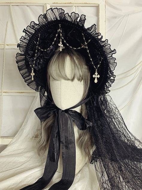 Handmade Gothic Cross Decorated Lolita Black Bonnet Gothic Veil Headdress, Gothic Clothes Aesthetic, Double Veil, Black Bonnet, Outfits New Year, Veil Length, Hat Aesthetic, Gothic Cross, Gothic Crosses