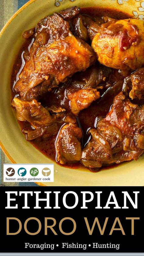 Ethiopian Meat Dishes, Doro Wat Recipe Ethiopia, Zigni Wat Recipe, Ethiopian Chicken Stew, Ethiopian Food Chicken, Ethiopian Chicken Recipes, Dora Wat Recipe, African Stew Chicken, African Cuisine Recipes