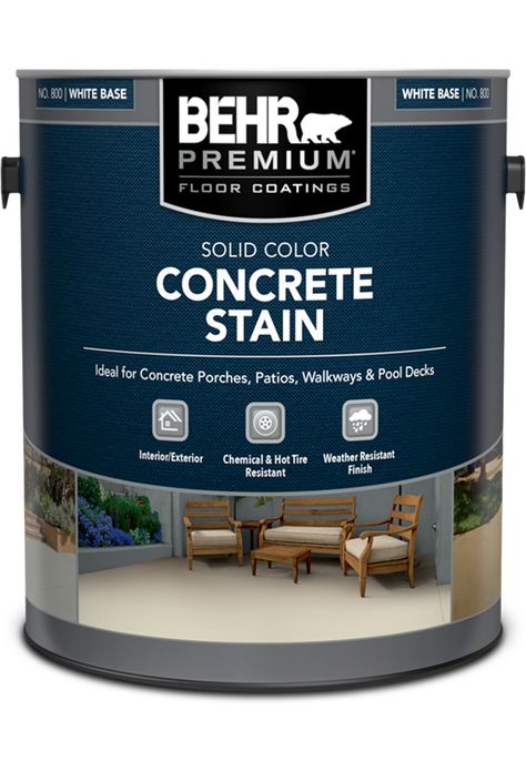 BEHR PREMIUM solid color concrete stain is a durable stain designed to help protect both exterior and interior, vertical and horizontal concrete surfaces. Behr Concrete Paint, Behr Concrete Stain, Concrete Stain Colors, Solid Stain Colors, Concrete Floor Coatings, Tile Refinishing, Color Concrete, Concrete Stain, Mildew Stains