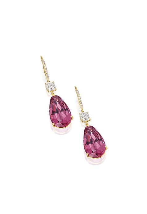 PAIR OF PINK SPINEL AND DIAMOND PENDENT EARRINGS. Each suspending on a pear-shaped pink spinel altogether weighing approximately 22.08 carats, surmounted by a cushion-shaped diamond, to a hook surmount set with brilliant-cut diamonds, the diamonds altogether weighing approximately 1.50 carats, mounted in 18 karat white and yellow gold Pink Gold Earrings, Spinel Jewelry, Tiaras Jewellery, Diamond Pendent, Pink Spinel, Lovely Earrings, Gorgeous Jewelry, Pink Diamond, High Jewelry