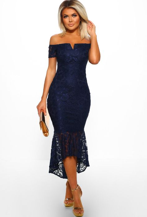 Fishtail Midi Dress, Navy Lace Dress, Bardot Dress, Pink Boutique, Navy Lace, Lace Midi, Lace Midi Dress, Dresses Uk, Blue Midi Dress