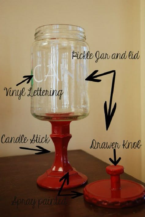 DIY Candy Jar Candy Cane Mason Jar, Diy Candy Jars Dollar Stores, Large Pickle Jar Ideas Diy, Diy Candy Jars Ideas, Dollar Tree Candy Jar Ideas, Diy Christmas Candy Jars, Large Pickle Jar Ideas, Wooden Candlesticks Diy, Pickle Jar Crafts