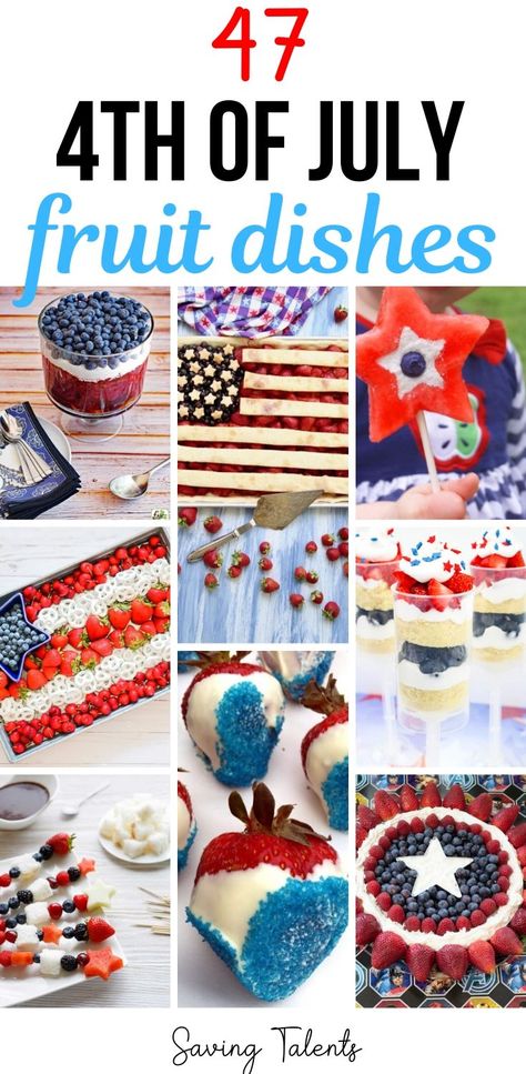 Celebrate the 4th of July with these patriotic fruit dishes! Tons of red, white and blue dishes made with fruits for your 4th of July party #4thofjuly #fruitdishes White And Blue Dishes, 4th Of July Dishes, Blueberry Yogurt Popsicles, Watermelon Ice Pops, Campfire Cake, Fruit And Yogurt Parfait, Cake Push Pops, Frozen Yogurt Bark, Greek Yogurt Parfait