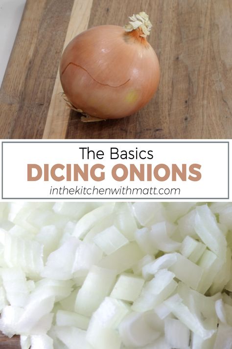 Diced onions on a wooden cutting board. How To Dice An Onion, Dice An Onion, Baking 101, Baking Basics, Cooking For Beginners, Cooking 101, Food Group, Cooking Basics, Diced Onions