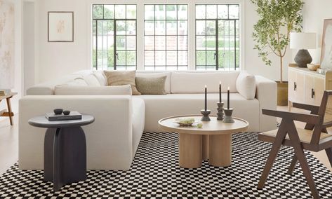 Sarah Sherman Samuel, Room Chandelier, Lulu And Georgia, Checkered Rug, Traditional Chandelier, Light Ceiling, Corner Sectional, A Living Room, Apartment Interior