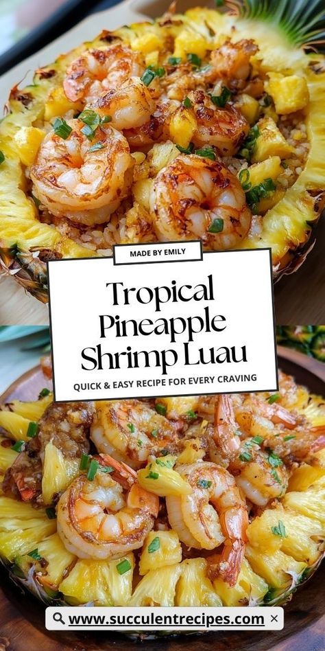 This Pineapple Shrimp Luau combines the perfect balance of sweet and savory, with tender shrimp, pineapple, and a flavorful tropical sauce. Tropical Lunch Ideas, Shrimp Pineapple Recipes, Luau Theme Party Food, Shrimp Dinner Recipes Healthy, Pineapple Rice Bowl, Shrimp Lettuce Cups, Tropical Party Foods, Easy Vacation Meals, Pineapple Shrimp