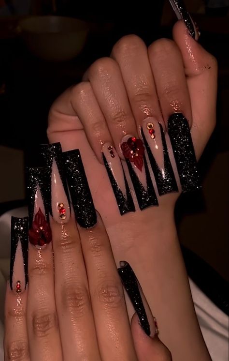 Red Sweet 16 Nails, Red And Black Prom Nails, Red Sweet 16, Red Bottom Nails, Black Prom Nails, Sweet 16 Nails, 16 Nails, Black Quinceanera, Quince Nails