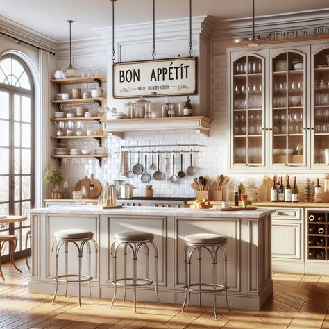 A large French window let natural light in, illuminating the polished hardwood floors. Light wooden cabinetry, with glass display panels above, house coordinated utensils and crockery. Stainless steel appliances contrast the otherwise traditional ambiance. The centerpiece is a wooden island with wrought iron bar stools. There's an open shelf displaying assorted wines near the wooden dining table. A classic Bon Appétit sign is the final touch to this heartwarming kitchen remodel inspiration. French Parisian Kitchen, French Bistro Kitchen, French Inspired Kitchen, Parisian Kitchen, Chic Kitchen Decor, Bistro Kitchen, Kitchen Decor Ideas, Parisian Vibes, French Cafe