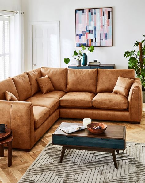 Gray & Osbourn Goliath Faux Leather Corner Sofa | JD Williams Tan Brown Sofa Living Room Ideas, Brown Leather Corner Sofa, Living Room Decor Tan Couch, Tan Sofa Living Room Ideas, Leather Corner Sofa Living Room, Tan Leather Sofa Living Room, Tan Leather Couch Living Room, Tan Sofa Living Room, Brown Leather Sofa Living Room