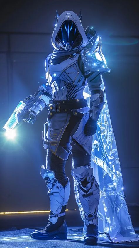 Midjourney AI Image: Celestial Nighthawk Hunter Guardian from Destiny 2, prismatic, posing, --ar 9:16 --v 6.0 → more in ai-img-gen.com Tech Armor Suits, Celestial Nighthawk, Destiny 2 Hunter Fashion, Destiny 2 Oc, Celestial Armor, White And Blue Suit, Titanfall Cosplay, Dark Blue Room, Hunter Destiny