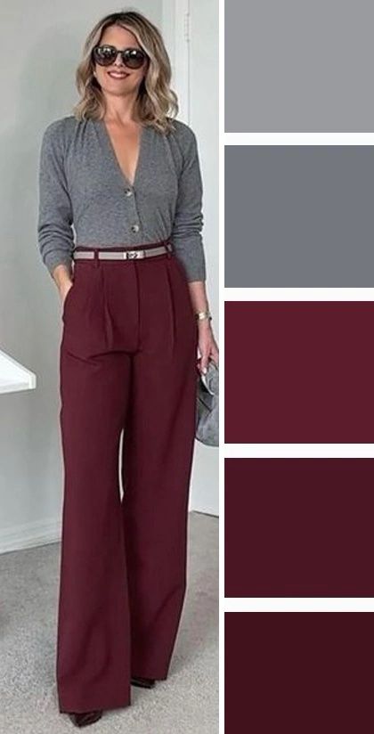 Plum Colored Pants Outfit, Eggplant Pants Outfit, Plum Outfit Ideas, Eggplant Outfit, Plum Pants Outfit, Plum Color Palette, Maroon Pants Outfit, Colored Pants Outfits, Plum Pants