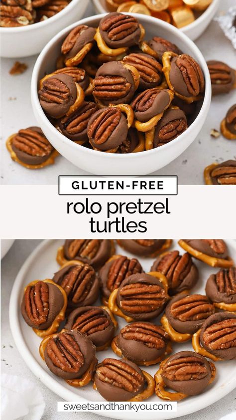 Let's make Gluten-Free Rolo Pretzels! This easy Rolo turtles recipe is the perfect easy holiday treat to add to your cookie plate this year! / gluten free rolo pretzel delights / gluten free rolo pretzel bites recipe / gluten free rolo pretzel turtles recipe / easy gluten-free holiday treat / gluten free cookie exchange recipe / gluten free holiday baking / gluten free christmas treat / gluten free rolo pretzel candy recipe Gluten Free Cookie Exchange Recipes, Gluten Free Holiday Snacks, Gluten Free Haystacks Recipe, Christmas Baking Ideas Gluten Free, Gluten Free Pretzel Dessert, Gluten Free Recipes Christmas, Easy Christmas Treats Gluten Free, Christmas Finger Foods Gluten Free, Holiday Appetizers Gluten Free