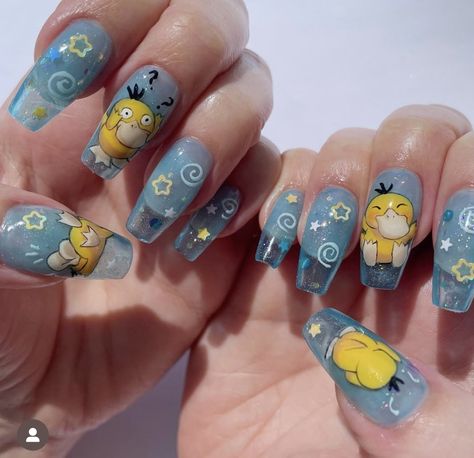 Simple Pokemon Nails, Rosalina Nails, Nail Designs Pokemon, Squirtle Makeup, Blue Yellow Nails Designs, Squirtle Nails, Psyduck Nails, Pokemon Inspired Nails, Pokemon Nails Acrylic