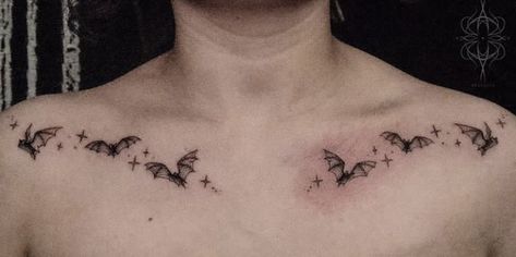 Bat Chest Piece Tattoo, Collar Bone Tattoo Bats, Underbust Bat Tattoo, Goth Chest Tattoos For Women, Bats On Collar Bone Tattoo, Spooky Collar Bone Tattoo, Trad Goth Tattoo Ideas, Witchy Bat Tattoo, Collarbone Bat Tattoo