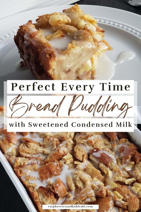 Bread Pudding with Sweetened Condensed Milk is a decadent dessert that elevates the classic bread pudding to a whole new level of indulgence. Moist bread cubes are soaked in a rich custard made with sweetened condensed milk, resulting in a velvety, caramel-like sweetness that perfectly complements the soft, baked texture of the pudding, making it a heavenly treat for dessert lovers. Amish Custard With Condensed Milk, Bread Pudding With Coconut Milk, Butterscotch Bread Pudding Recipes, Bread Pudding With Heavy Cream, Buttermilk Pudding Recipes, Coconut Milk Bread Pudding, Bread Puddings Recipe, Bread Pudding With Sweet Condensed Milk, Salted Caramel Bread Pudding