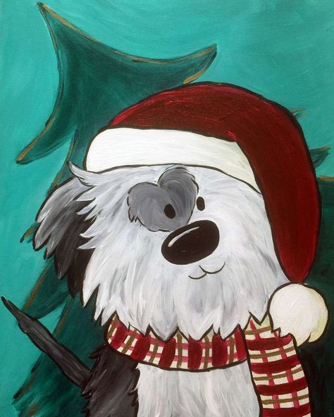 Christmas Dog Paintings Easy, Christmas Dog Painting, Winter Acrylic Painting Ideas, Kids Christmas Painting, Merry Christmoose, Pinots Palette, Whimsical Art Paintings, Christmas Canvas Art, Christmas Easy