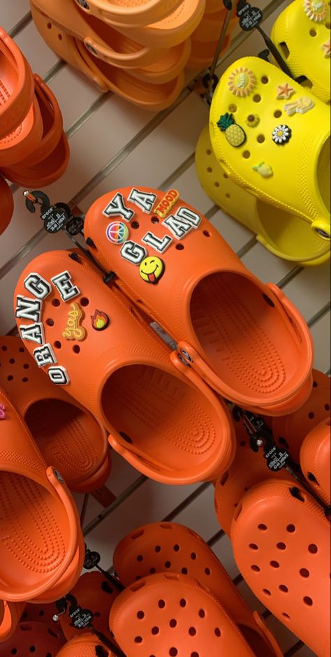 Orange Crocs With Jibbitz, Orange Crocs Outfit, Orange Crocs, Cool Crocs, Crocs With Jibbitz, Crocs Aesthetic, Crocs Ideas, Custom Crocs, Crocs Fashion