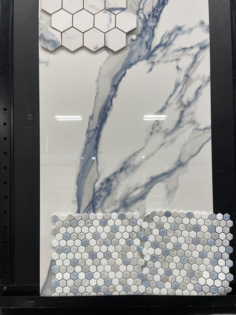 Blue Pebble Tile Shower Floor, Master Bath Tile Combinations Classic, Grey And Blue Bathroom Ideas, Modern Bathroom Floor, Ceramic Shower Tile, Masterbath Ideas, Wallpaper Decor Ideas, Shower Floor Tile Ideas, Pebble Tile Shower