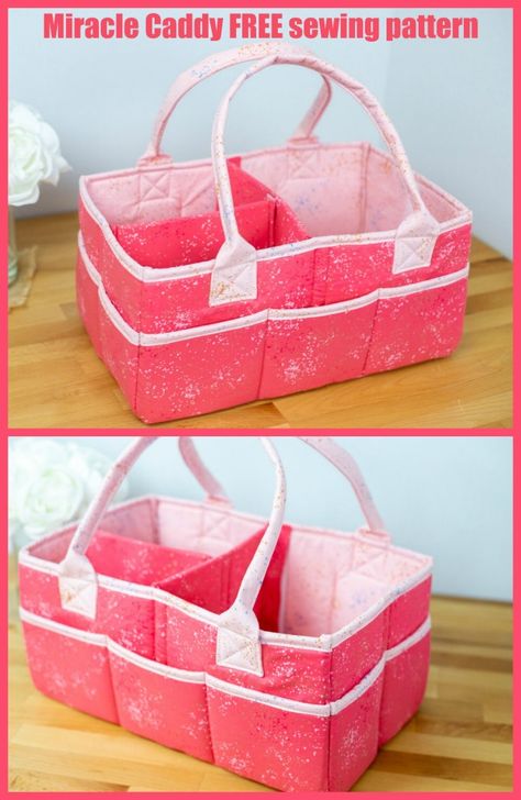 Miracle Caddy FREE sewing pattern. Here's a fabulous multi-purpose organizer to sew that’s perfect for taking your favorite craft supplies, classroom items, or baby gear on the go. This storage basket sewing pattern has a handle and divided compartments. A fun to sew fabric basket with handles, a great gift idea to sew for new moms and crafters. Sewing Caddy, Diaper Caddy, Beginner Sewing Patterns, Small Sewing, Free Sewing Patterns, Free Sewing Pattern, Modern Bag, Sewing Tutorials Free, Sewing Blogs