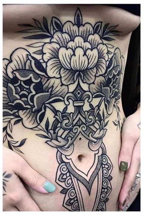 Full Stomach Tattoos For Women, Sternum And Stomach Tattoo, Back Piece Tattoo Women, Large Stomach Tattoos, Traditional Stomach Tattoos Women, Traditional Back Tattoos, Full Stomach Tattoos, Full Stomach Tattoo Woman, Whole Body Tattoo Woman