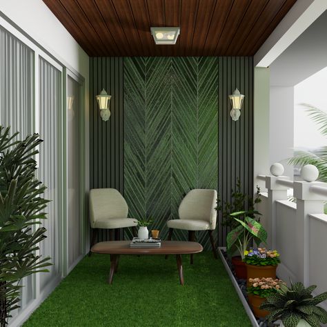 Contemporary Balcony Design With Green Grass Carpet And Matching Wall Panel | Livspace Balcony Wall Design Ideas, Green Balcony Design, Balcony Wall Design Exterior, Balcony Wall Decoration, Balcony Grass Carpet Ideas, Balcony Panelling, Contemporary Balcony Design, Balcony Grass Carpet, Green Balcony Ideas