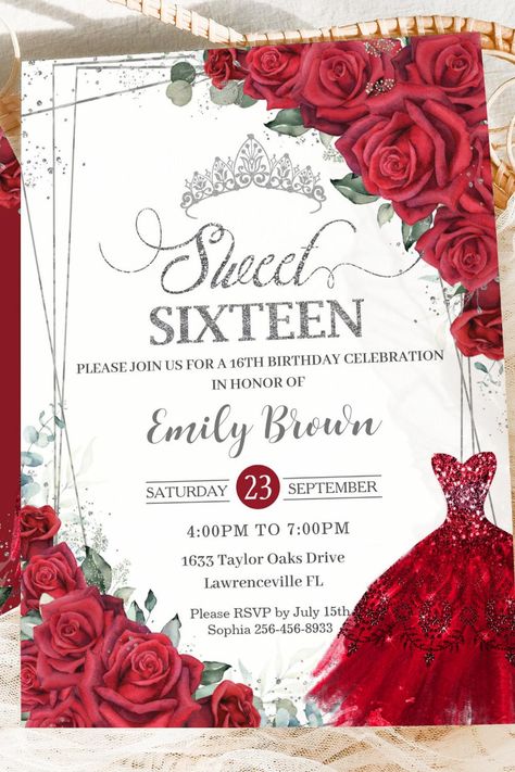 Sweet 16 Sixteen Silver Red Roses Floral Dress Invitation Sweet 16 Party Ideas Red, Red Sweet Sixteen, Red Sweet 16, 16th Birthday Decorations, 16th Birthday Invitations, 16 Birthday, Sweet 16 Invitations, Sweet 16 Birthday, 16th Birthday