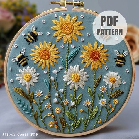 Sunflower hand embroidery, embroidery pattern,bee embroidery, meadow embroidery, PDF Pattern, Embroidery Project, Instant Download, Hoop Art by StitchCraftPDF on Etsy Bee Hive Embroidery, Dandelion Embroidery Pattern, Maternity Embroidery, Bee Hand Embroidery, Sunflower Hand Embroidery, Embroidery Sunflowers, Meadow Embroidery, Embroidery Sunflower, Pdf Pattern Embroidery