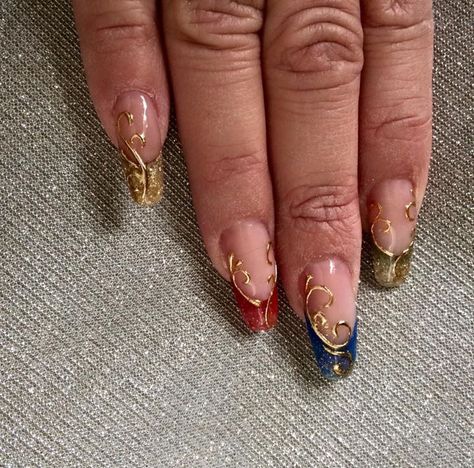 Almond Nails Designs Artsy, Indian Acrylic Nails, Old Fashioned Nails, Summer Nails Maximalist, Liquid Gold Nails, Moss Nail Art, Spanish Style Nails, 90s Whimsigoth Nails, Neo Soul Nails