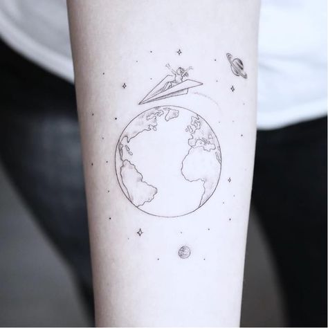 Tattoo uploaded by Tattoodo • Earth tattoo by PT78 #PT78 #EarthDaytattoos #EarthDay #Earthtattoo #landscapetattoo #earth #planet #landscape #land #nature #illustrative #paperplane #stars #saturn • 949634 • Tattoodo Earth Moon Tattoo, Cute Earth Tattoo, Dainty Earth Tattoo, Earth Art Tattoo Word, One Line Earth Tattoo, Tattoo Ideas Earth Nature, Earth Fine Line Tattoo, Earth Inspired Tattoos, Earth Art Tattoo