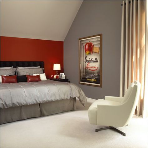 Red And Grey Bedroom, Red Accent Wall Bedroom, First Apartment Bedroom Ideas, Red Bedroom Walls, Red Accent Wall, Grey Bedroom Decor, Accent Wall Bedroom, Grey Bedroom, Bedroom Red