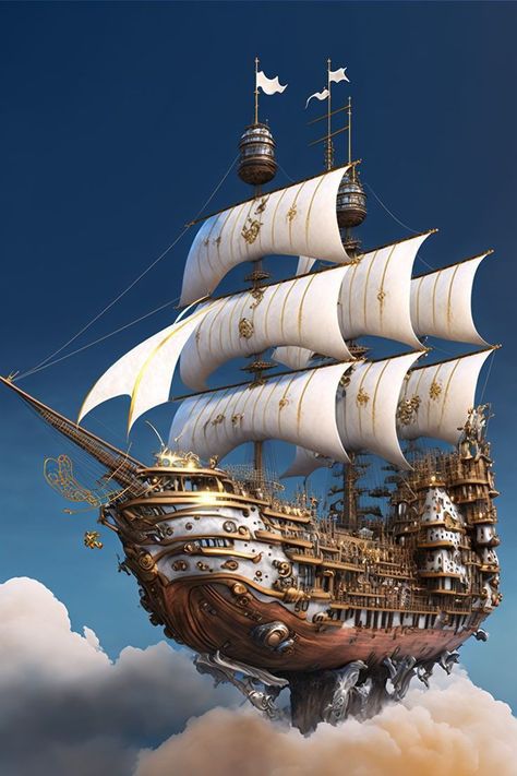 Flying Boat Concept Art, Flying Ships Fantasy Concept Art, Steampunk Airship Concept Art, Futuristic Pirate Ship, Spelljammer Ships Concept Art, Fantasy Pirate Ship Design, Airship Dnd, Flying Ship Fantasy Art, Fantasy Flying Ship