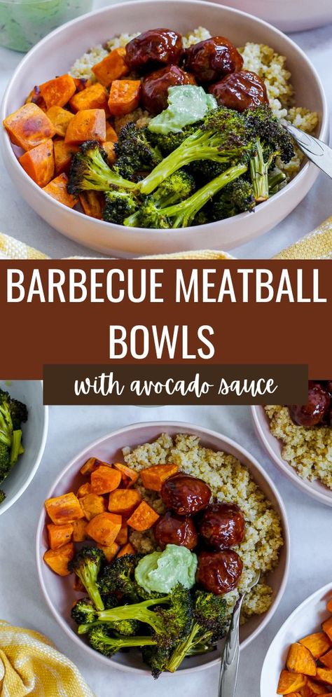 Meatball And Sweet Potato Recipes, Bbq Meatballs Meal Prep, Bbq Bowls Healthy, Healthy Meals With Red Meat, East Lunch Meal Prep, Healthy Carb Dinner, Healthy Dinner Meal Plans For The Week, Bbq Sweet Potato Bowl, Chicken Broccoli Quinoa Bowl